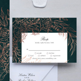 Cartão RSVP Casamento Editável De Pé De Cobre De Flor Emerald