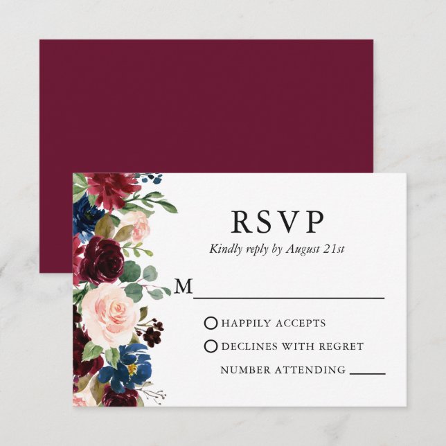 Cartão RSVP Casamento Elegante Aquarela Borgonha Azul Floral (Frente/Verso)
