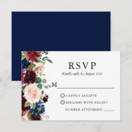 Cartão RSVP Casamento Elegante Aquarela Borgonha Floral Azul
