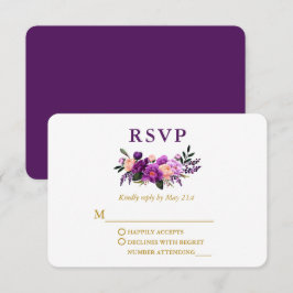 Cartão RSVP Casamento Elegante Aquarela Purple Floral Dourado