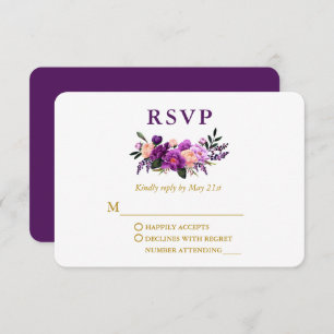 Cartão RSVP Casamento Elegante Aquarela Purple Floral Dourado