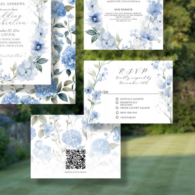 Cartão RSVP Casamento Elegante Azul Floral e Branco (Criador carregado)