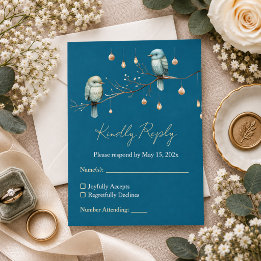 Cartão RSVP Casamento Elegante Azul Turquesa com Pássaros da F