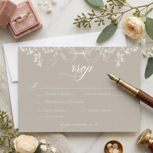 Cartão RSVP Casamento Elegante Barroco Vintage Bege Marfim Neu