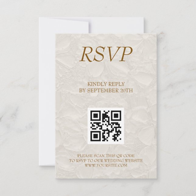 Cartão RSVP Casamento Elegante Beige Floral QR (Frente)