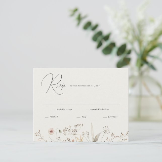 Cartão RSVP Casamento Elegante Boho com Flores Silvestres (Em pé/Frente)
