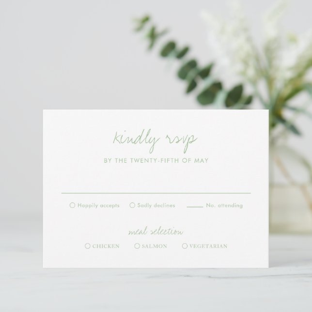 Cartão RSVP Casamento Elegante Botânico Verde de Sage Limpo (Em pé/Frente)