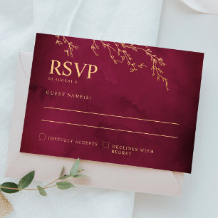 Cartão RSVP Casamento Elegante Botânico Vermelho e Dourado Cri