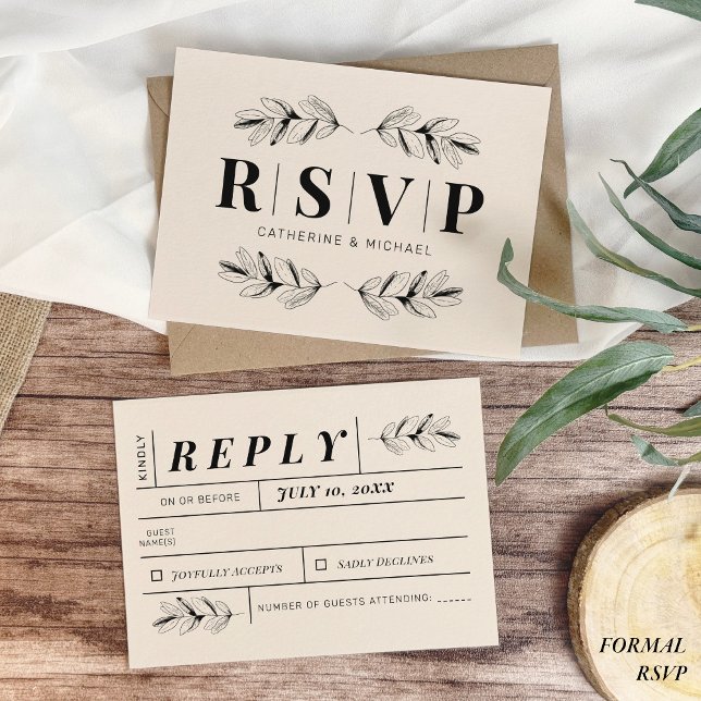 Cartão RSVP Casamento Elegante Botânico Vintage Black & Cream (vintage modern newspaper typography style botanical black & ivory wedding formal RSVP card)