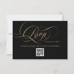 Cartão RSVP Casamento Elegante Caligrafia Dourado Preto