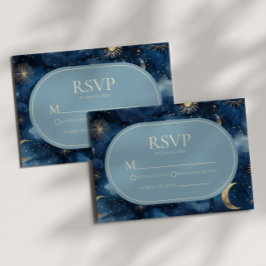 Cartão RSVP Casamento Elegante Céu Estrelado Dourado Azul