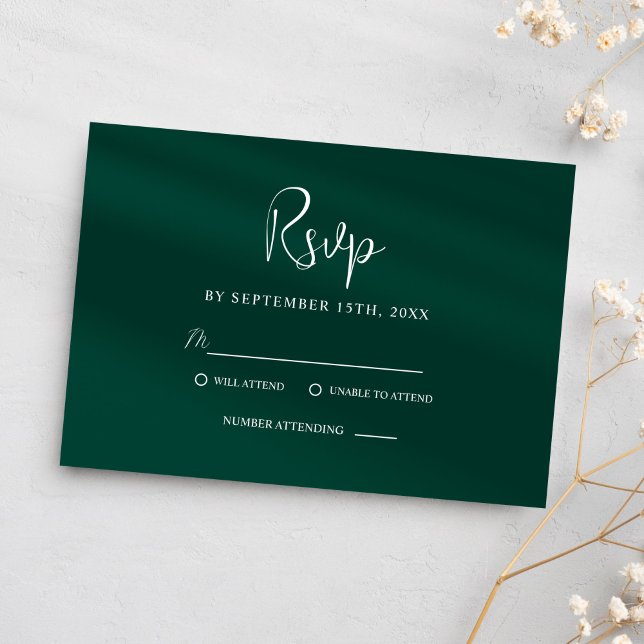 Cartão RSVP Casamento Elegante Clássico Moderno Emerald Green (Emerald Green Modern Classy Elegant Wedding RSVP Card)