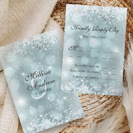 Cartão RSVP Casamento Elegante com Brilho Prateado Azul Claro