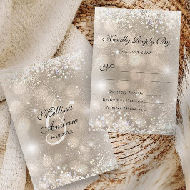 Cartão RSVP Casamento Elegante com Brilho Prateado e Rosa Empo