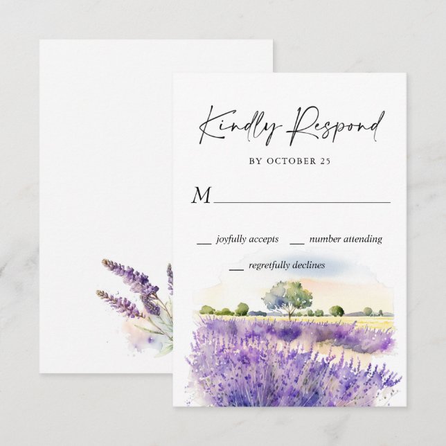 Cartão RSVP Casamento Elegante com Campo de Flores de Lavanda  (Frente/Verso)