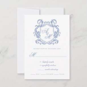 Cartão RSVP Casamento Elegante com Monograma e Brasão em Azul