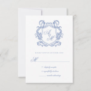 Cartão RSVP Casamento Elegante com Monograma e Brasão em Azul 