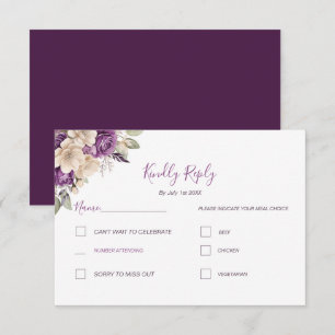 Cartão RSVP Casamento Elegante com Rosa Roxa e Marfim