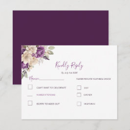 Cartão RSVP Casamento Elegante com Rosa Roxa e Marfim