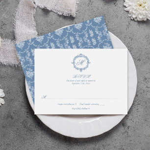Cartão RSVP Casamento Elegante com Toile de Jouy Azul Vintage