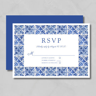 Cartão RSVP Casamento Elegante de Azulejos Azuis Mediterrâneos