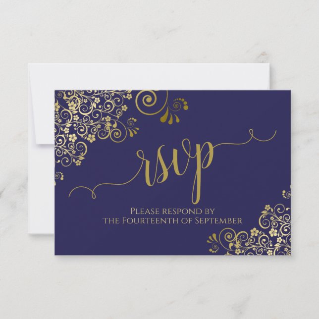 Cartão RSVP Casamento Elegante De Caligrafia Azul E Dourado De (Frente)