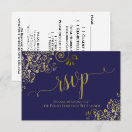 Cartão RSVP Casamento Elegante De Caligrafia Azul E Dourado De