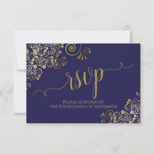 Cartão RSVP Casamento Elegante De Caligrafia Azul E Dourado De