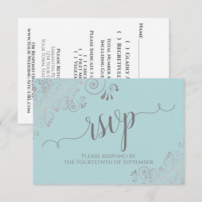 Cartão RSVP Casamento Elegante De Caligrafia De Mint Teal Silv (Frente/Verso)