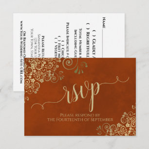 Cartão RSVP Casamento Elegante De Caligrafia Dourada Rust Oran