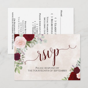 Cartão RSVP Casamento Elegante De Caligrafia Rosa E Rosas verm