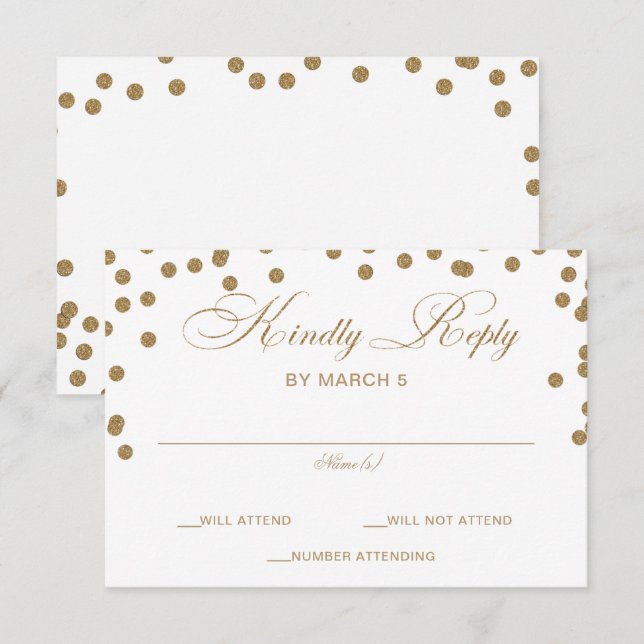 Cartão RSVP Casamento Elegante de Confetti Dourado Branco (Frente/Verso)