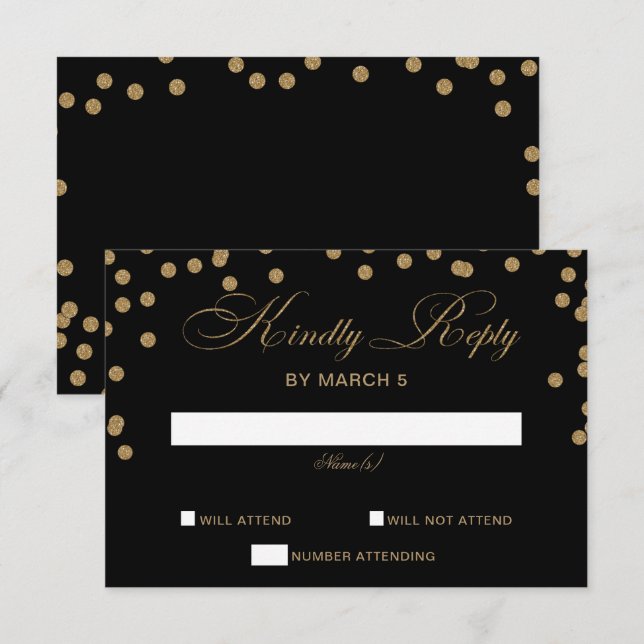 Cartão RSVP Casamento Elegante de Confetti Dourado Negro (Frente/Verso)