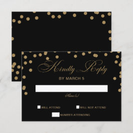 Cartão RSVP Casamento Elegante de Confetti Dourado Negro