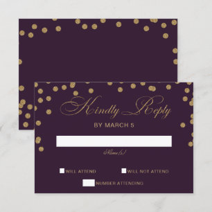 Cartão RSVP Casamento Elegante de Confetti Dourado Roxo