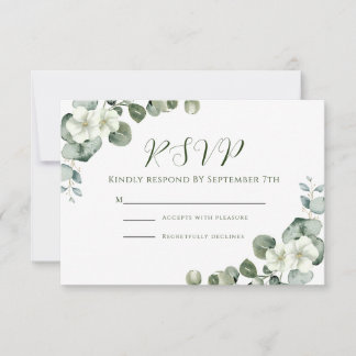 Cartão RSVP Casamento Elegante de Eucalipto e Flor Branca