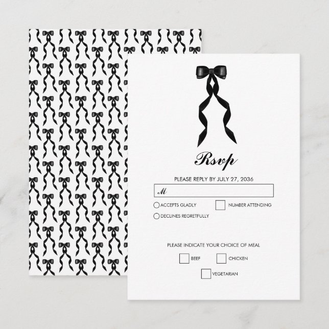 Cartão RSVP Casamento Elegante de Fita Arco Negra Formal (Frente/Verso)