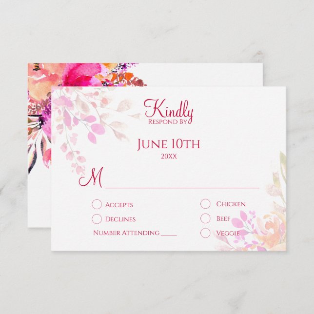 Cartão RSVP Casamento Elegante de Flores de Água Rosa e Laranj (Frente/Verso)