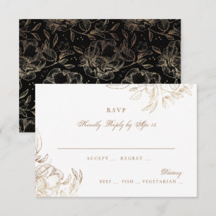 Cartão RSVP Casamento Elegante De Folha De Ouro Preta