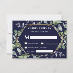 Cartão RSVP Casamento Elegante de Marinho Azul Eucalyptus Gree