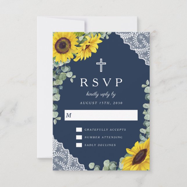 Cartão RSVP Casamento Elegante de Marinho Religioso Blue Sunfl (Frente)