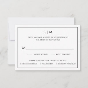 Cartão RSVP Casamento elegante de monograma branco e preto sim