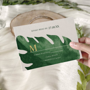 Cartão RSVP Casamento Elegante de Monstera Verde Tropical Leaf