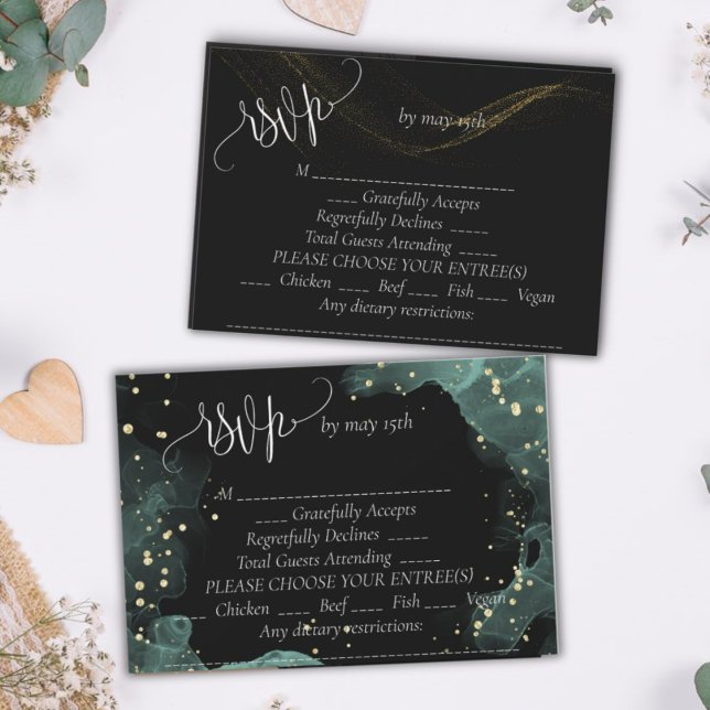 Cartão RSVP Casamento elegante de ouro, azul, verde (Criador carregado)