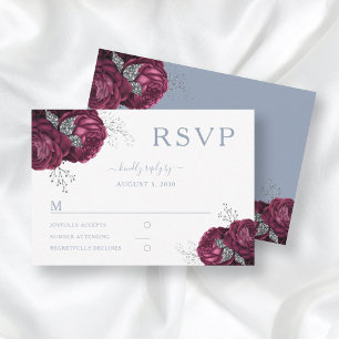 Cartão RSVP Casamento Elegante de Peões Azuis Borgonha Floral