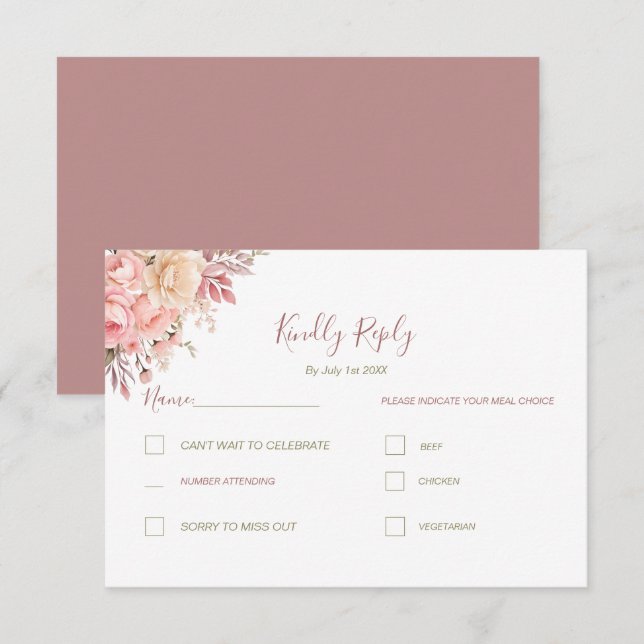 Cartão RSVP Casamento Elegante de Pink e Rosa de Marfim (Frente/Verso)