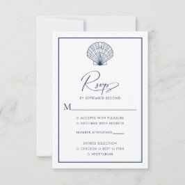 Cartão RSVP Casamento Elegante de praia Azul Marinho Seashell