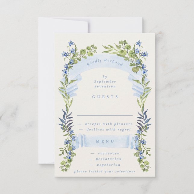 Cartão RSVP casamento elegante de primavera azul e verdejante (Frente)