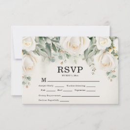 Cartão RSVP Casamento Elegante de Rosas Brancas Greenery
