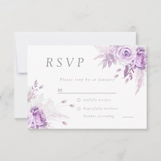 Cartão RSVP Casamento Elegante de Rosas Lavandas Roxas (Frente)